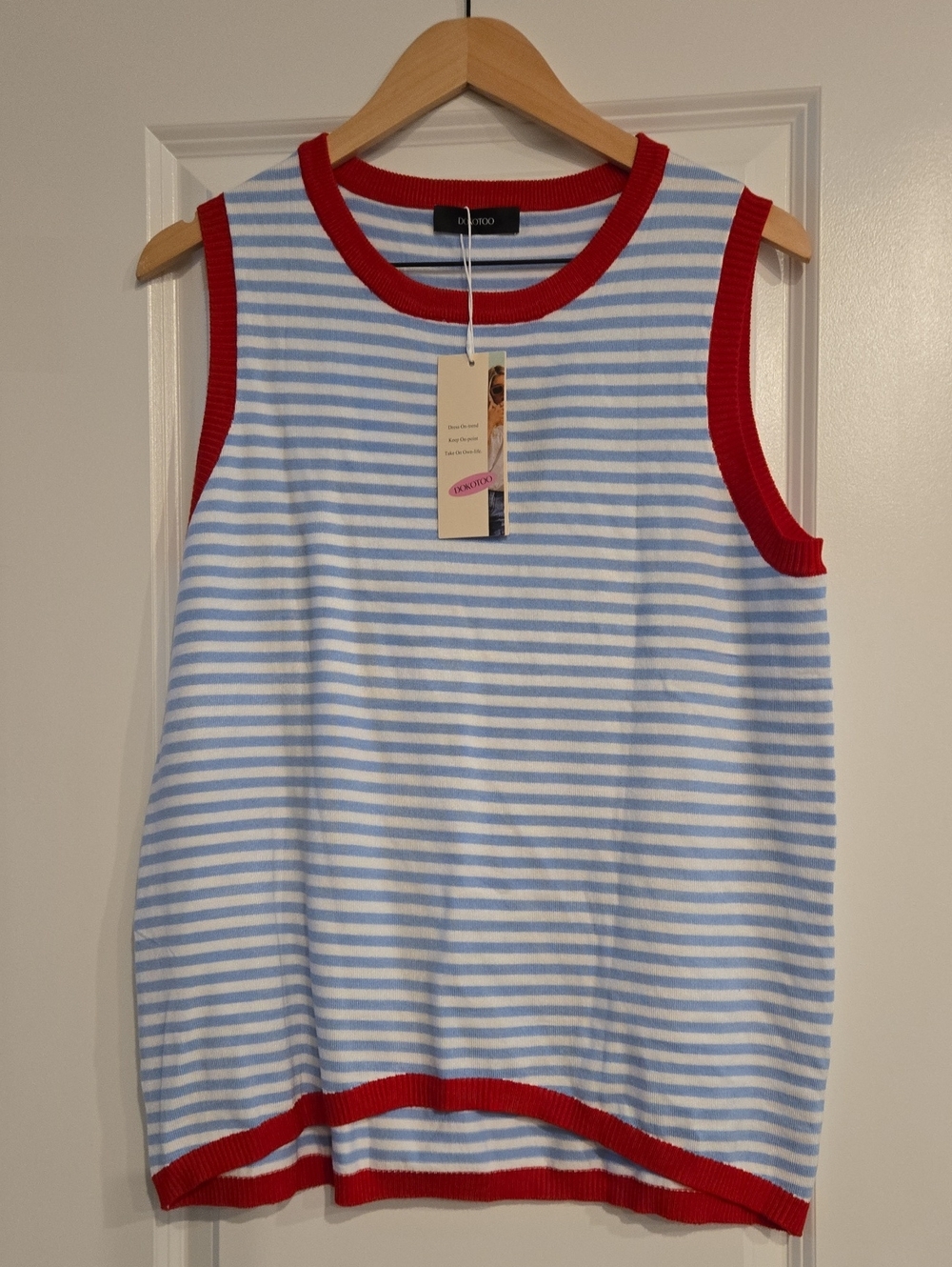 Striped Sleeveless Knit Top with Red Trim